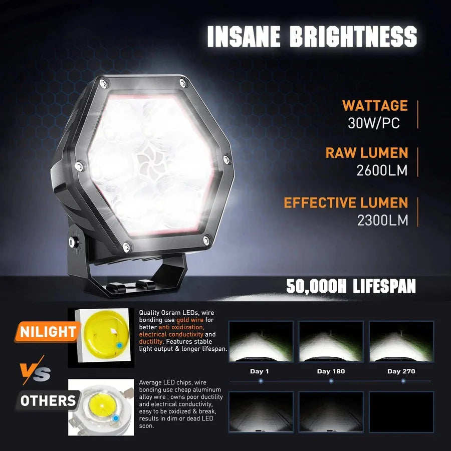 Nilight 4inch 30W Hexagon Work Light (2pcs)