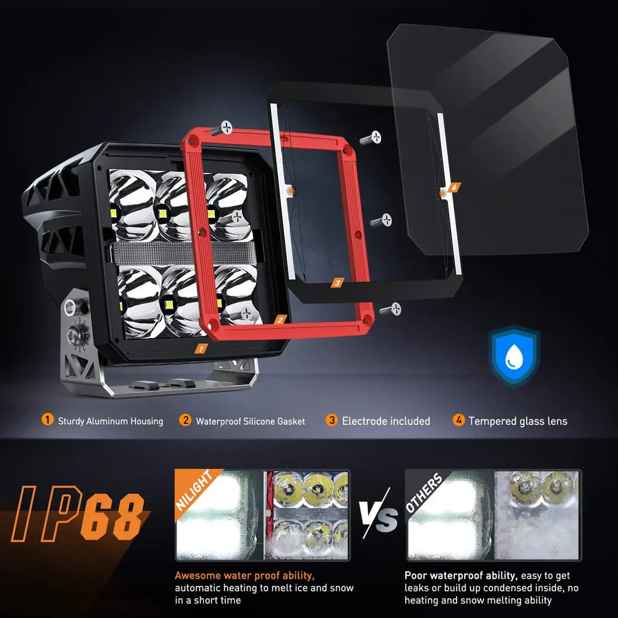 Nilight 4inch 60W Square DRL Heated Lens Work Light (2pcs)