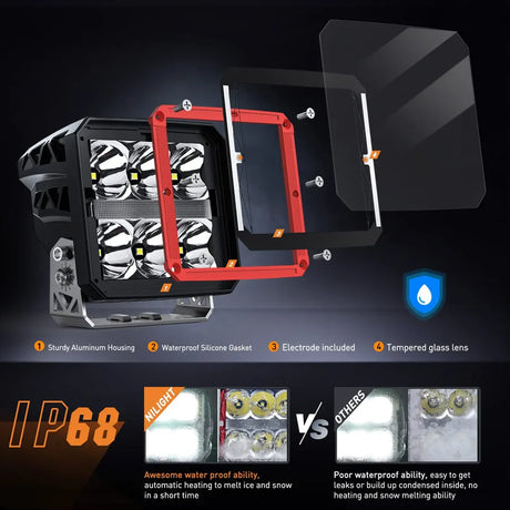 Nilight 4inch 60W Square DRL Heated Lens Work Light (2pcs)