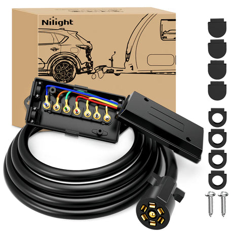 Nilight 8FT 7-Way Plug Inline Trailer Cord With 7-Gang Junction Box
