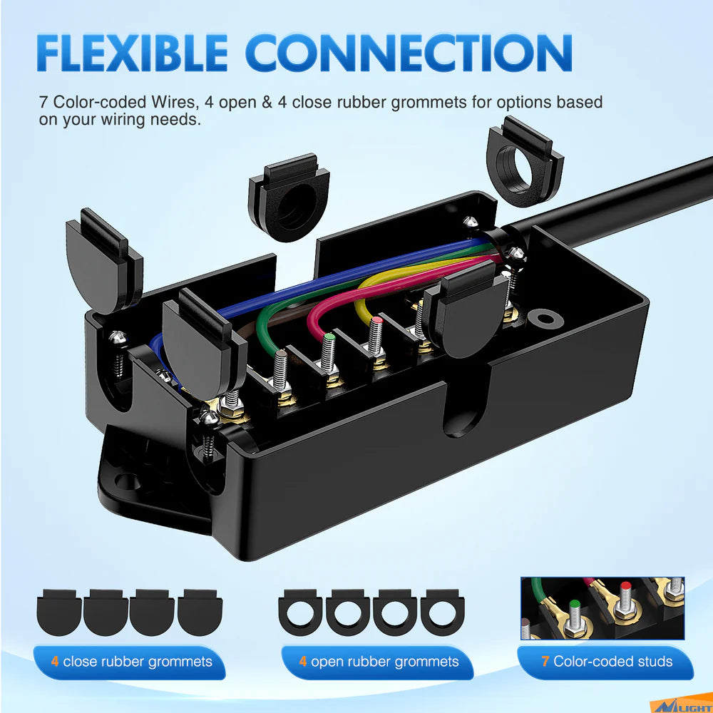 Nilight 8FT 7-Way Plug Inline Trailer Cord With 7-Gang Junction Box