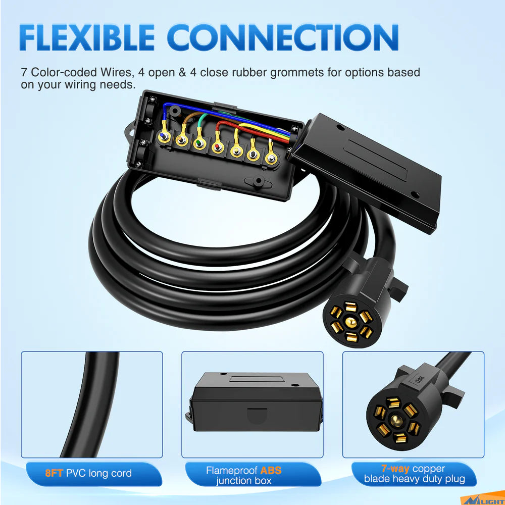 Nilight 8FT 7-Way Plug Inline Trailer Cord With 7-Gang Junction Box