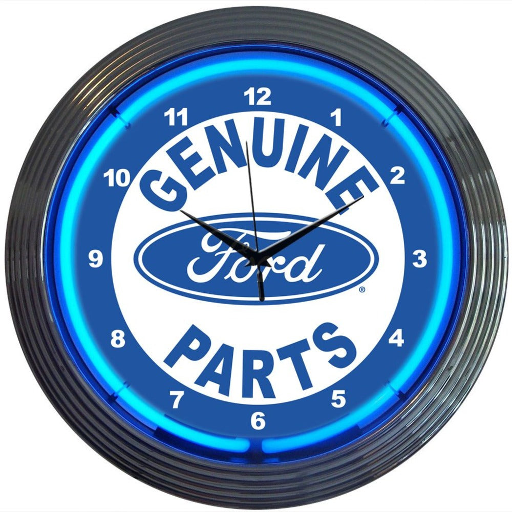 thumbnail interactive-video image 1 of Neonetics Genuine Ford Parts Garage Wall Clock – 15in, Chrome Trim, Blue Neon Light 1 of 5