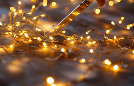 image of scissors cutting fairy lights.