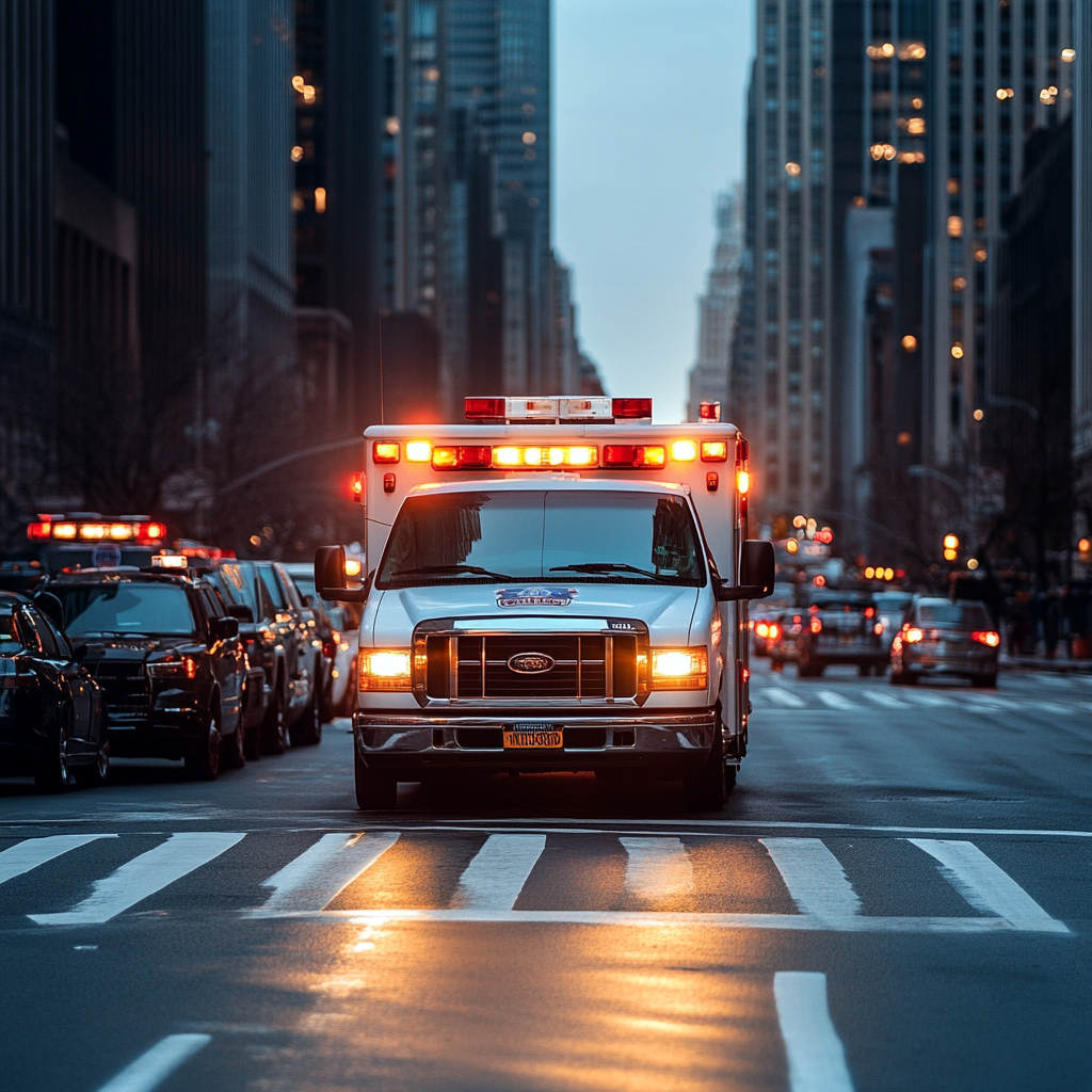 An ambulance with the lights on driving through the city.