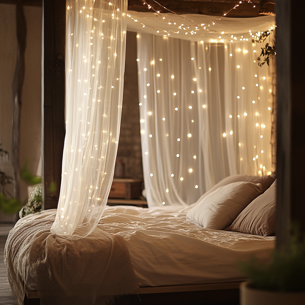 Fairy lights in a bedroom draped around a bed's curtains.