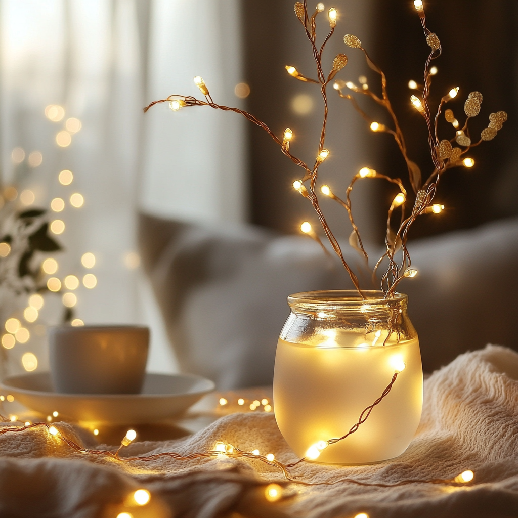 Fairy lights wrapped around a decorative branch in a mason jar.