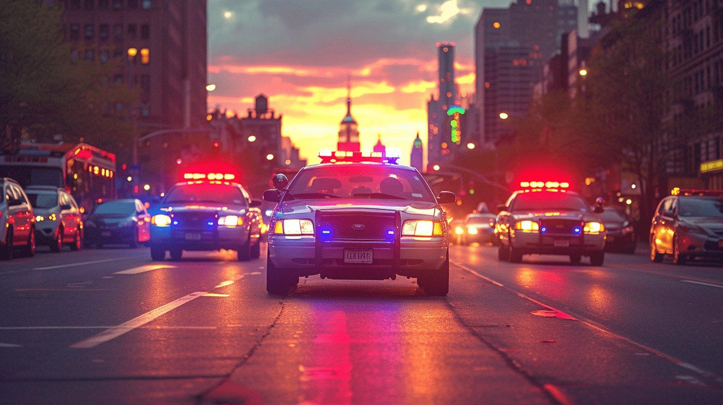 Police cars with flashing lights on a city street at sunset, with illuminated buildings in the background.