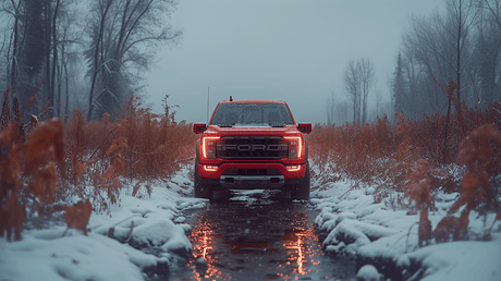 A red Ford F-150 illuminates a snowy path with its headlights, emphasizing the truck's capability to navigate harsh winter conditions in a serene, misty forest setting.