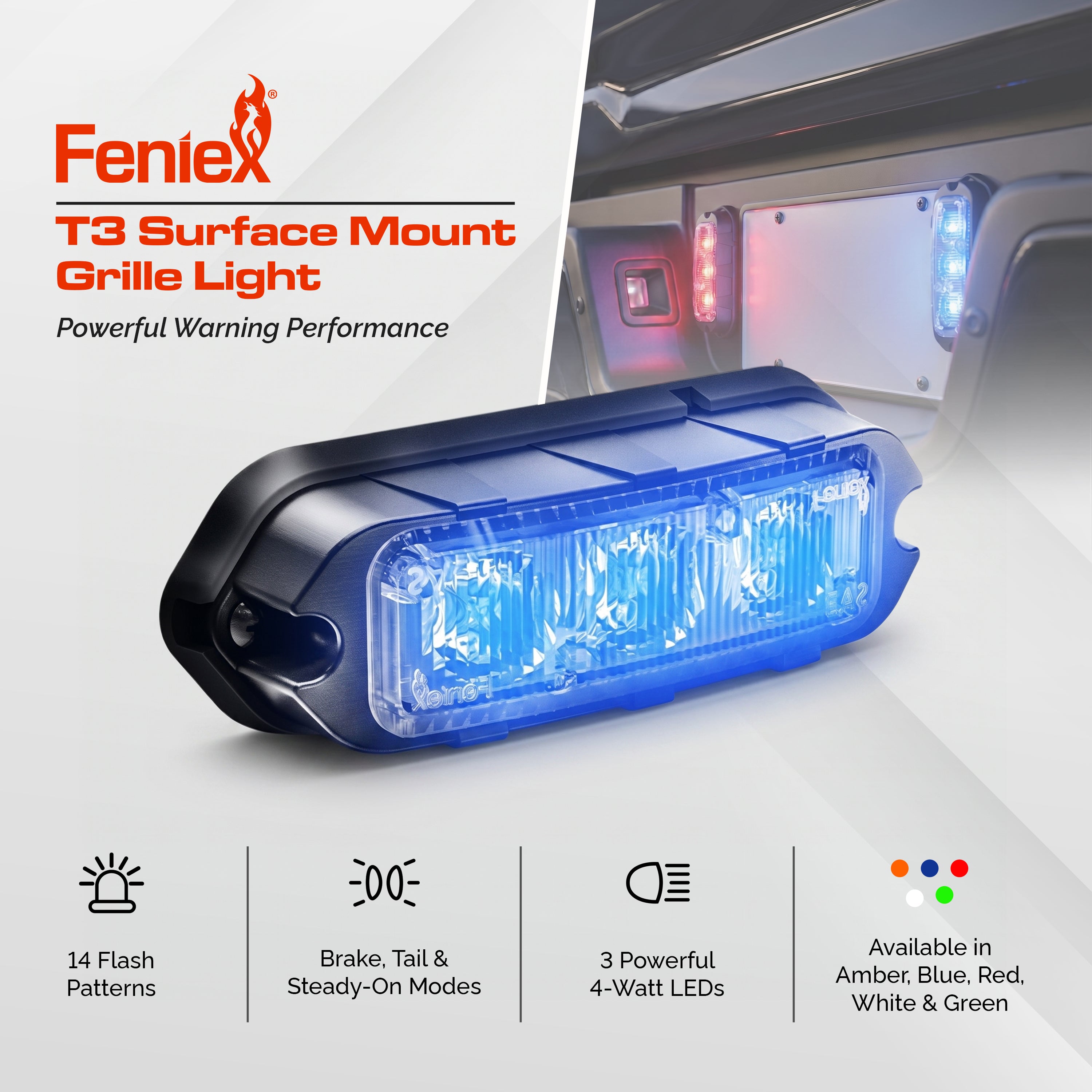 Feniex T3 Surface Mount Grille Light – Ultra Bright Lightz